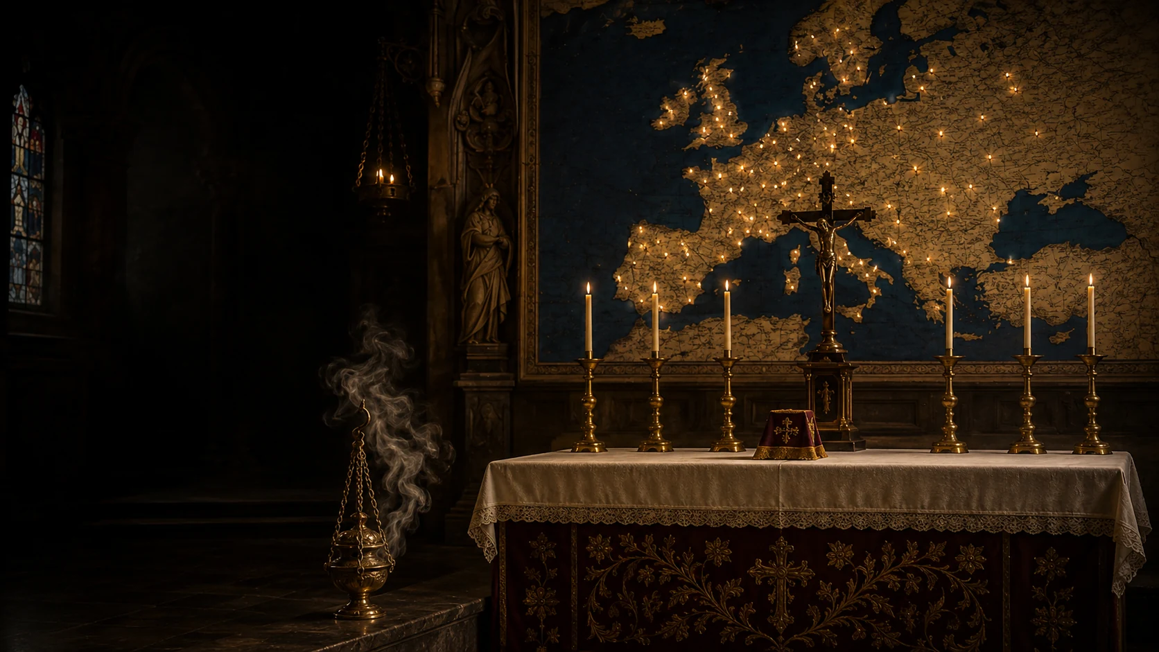 Traditional Roman Mass at a vested altar with a world map of Mass locations